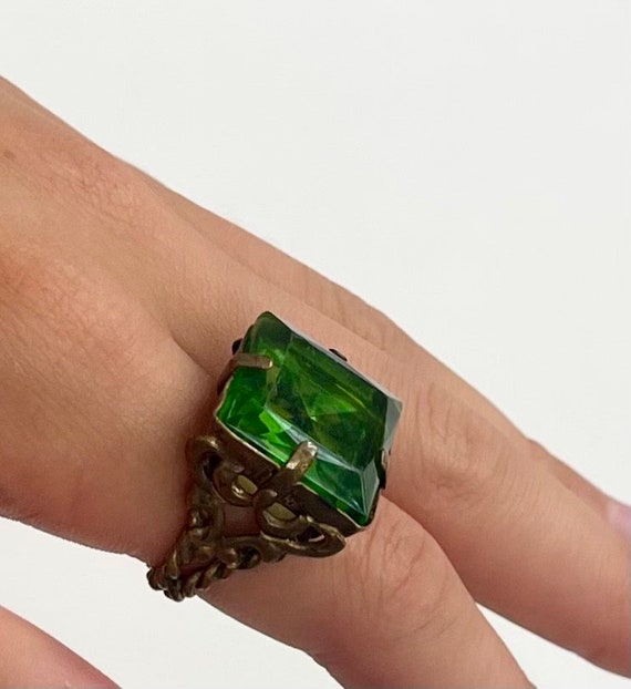Victorian Cocktail Ring Cut Green Glass Crystal Stone Early 1900s Made in West Germany Antique Jewelry Ornate Brass Filagree Size 5