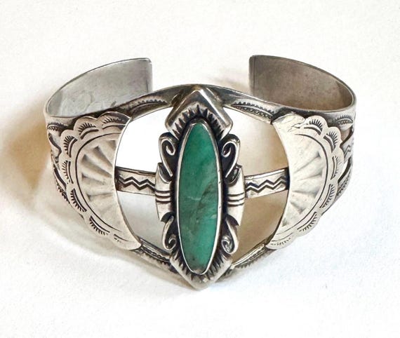 Wide Bell Trading Turquoise Cuff Bracelet Vintage Native American Navajo Southwest Trading Post Era