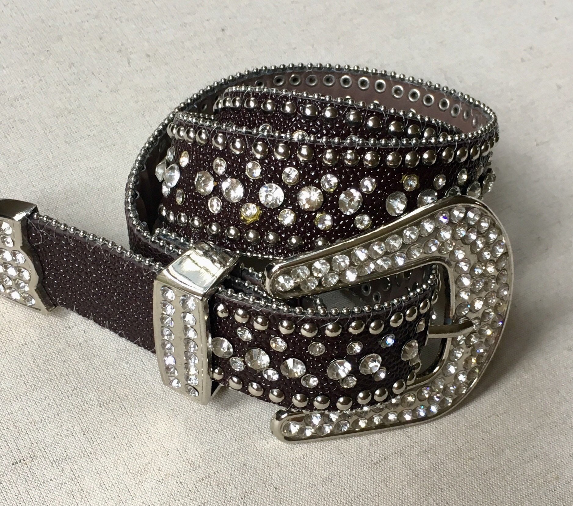 Vintage 90\'s Leather Embellished Belt Western Belt Western Brown Leather Belt With Light Blue Longhorn  main image 4