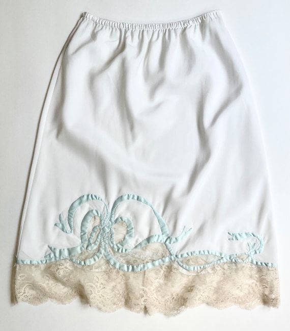 Odette Barsa Lace Slip Half Slip Skirt Vintage 60s Sleepwear Lingerie White with Light Blue Bow Ribbon Applique Nude Lace Trim