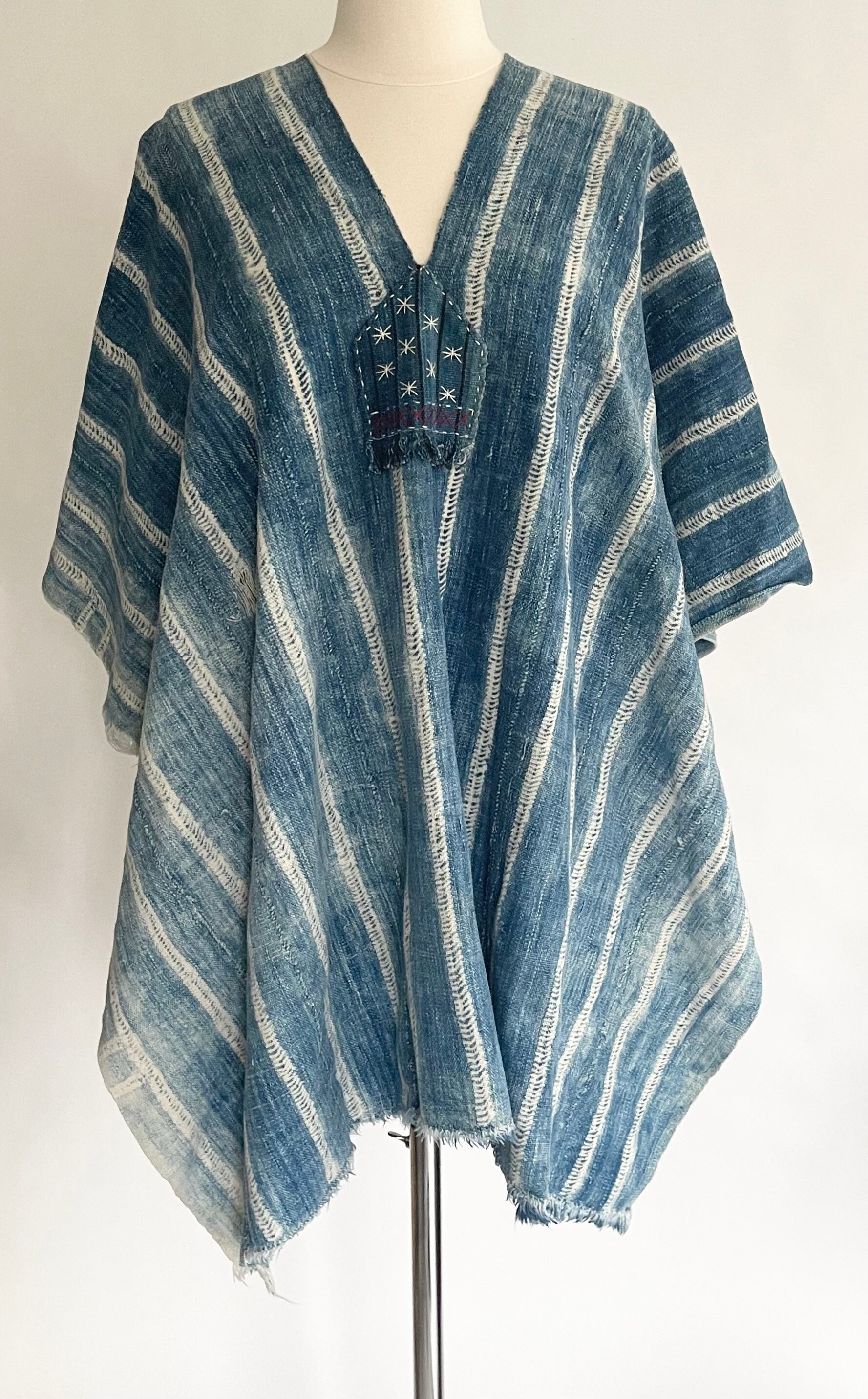 Handmade Indigo Cotton Poncho Cover Up Topper Top Vintage Hippie Folk ...