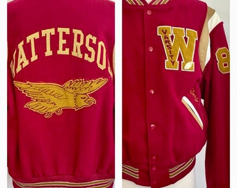 Vintage Letterman Varsity Jacket Bomber 80s Made in USA Gold Football Pin Red Wool Bishop Watterson Eagles Catholic High School Leather Trim