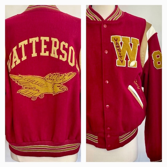 Vintage Letterman Varsity Jacket Bomber 80s Made in USA Gold Football Pin Red Wool Bishop Watterson Eagles Catholic High School Leather Trim