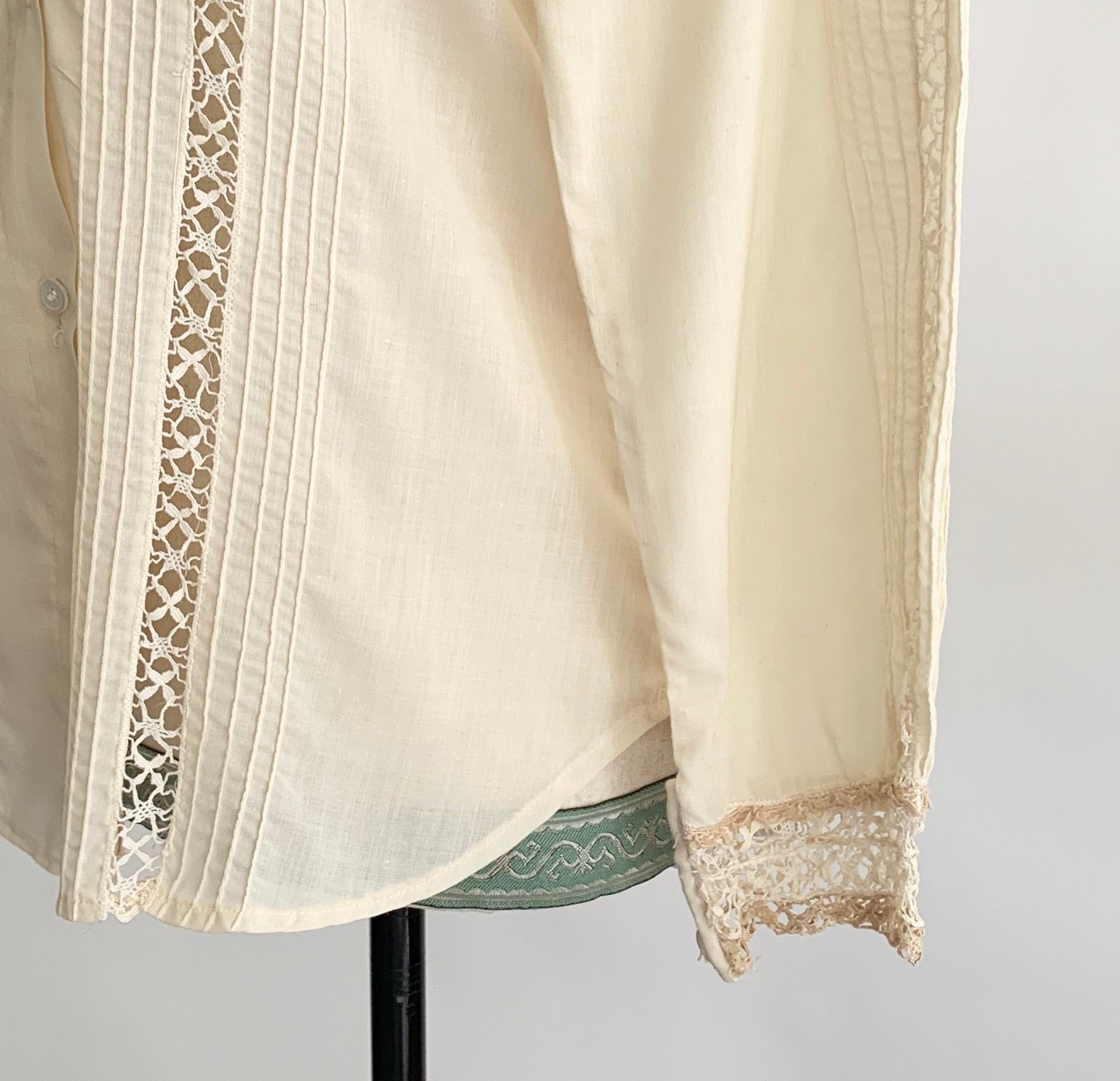 White Crochet Panel Shirt Vintage Handmade Pintucked Details Ivory ...