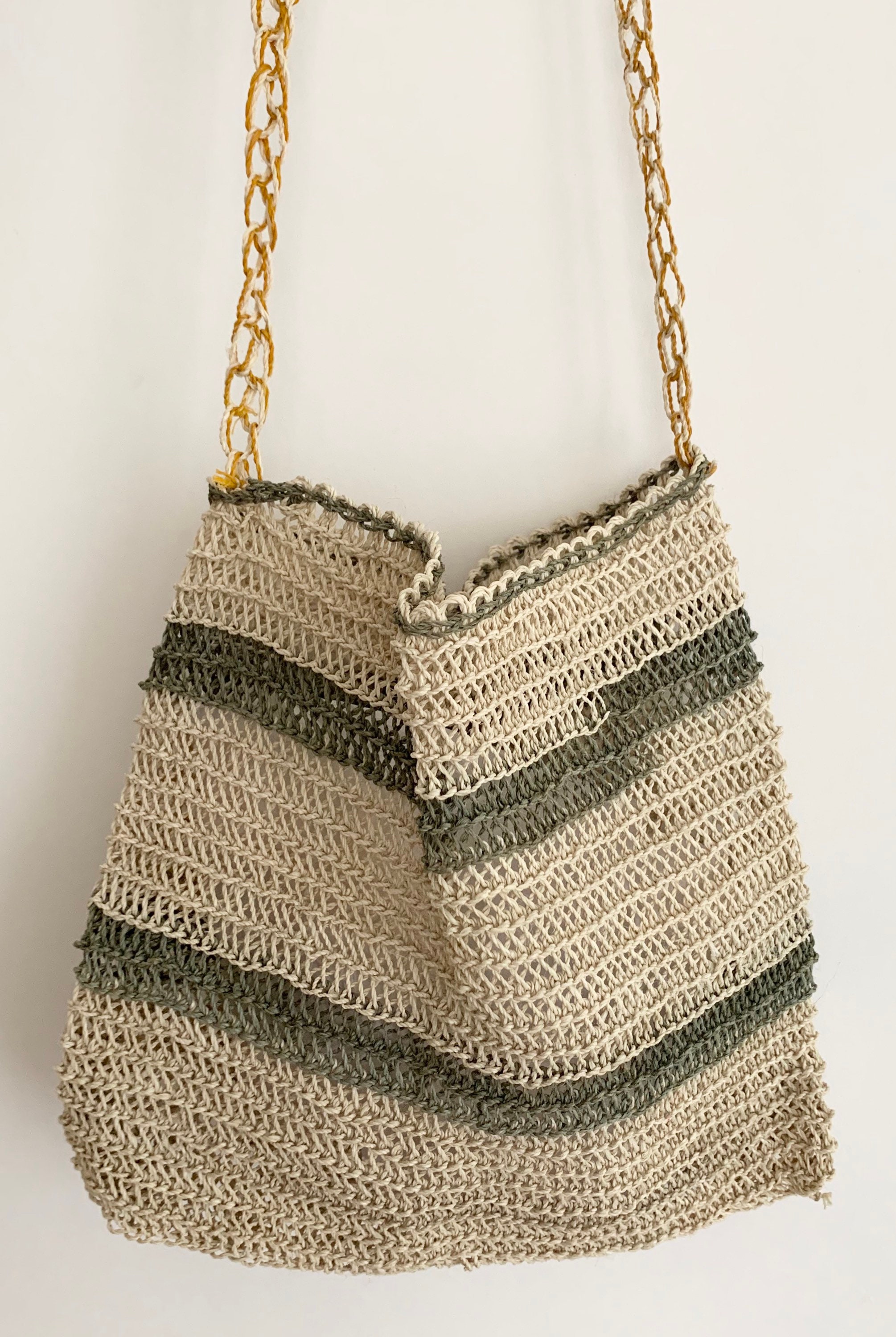 Boho Open Weave Bag Purse Vintage Open Knit Striped Natural White Beige