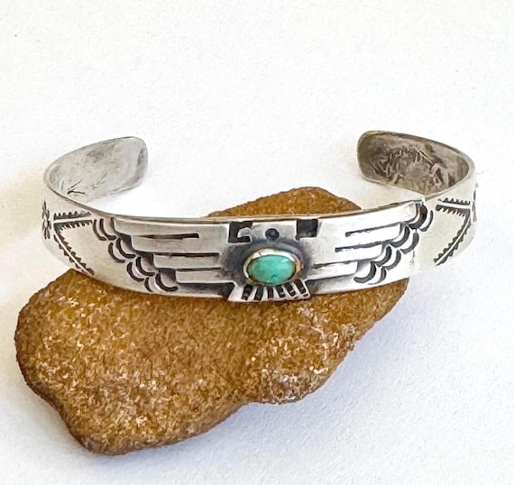 Thunderbird Turquoise Cuff Bracelet Early Vintage Fred Harvey Trading Post Era Native American Navajo Stamped Sterling Silver Band