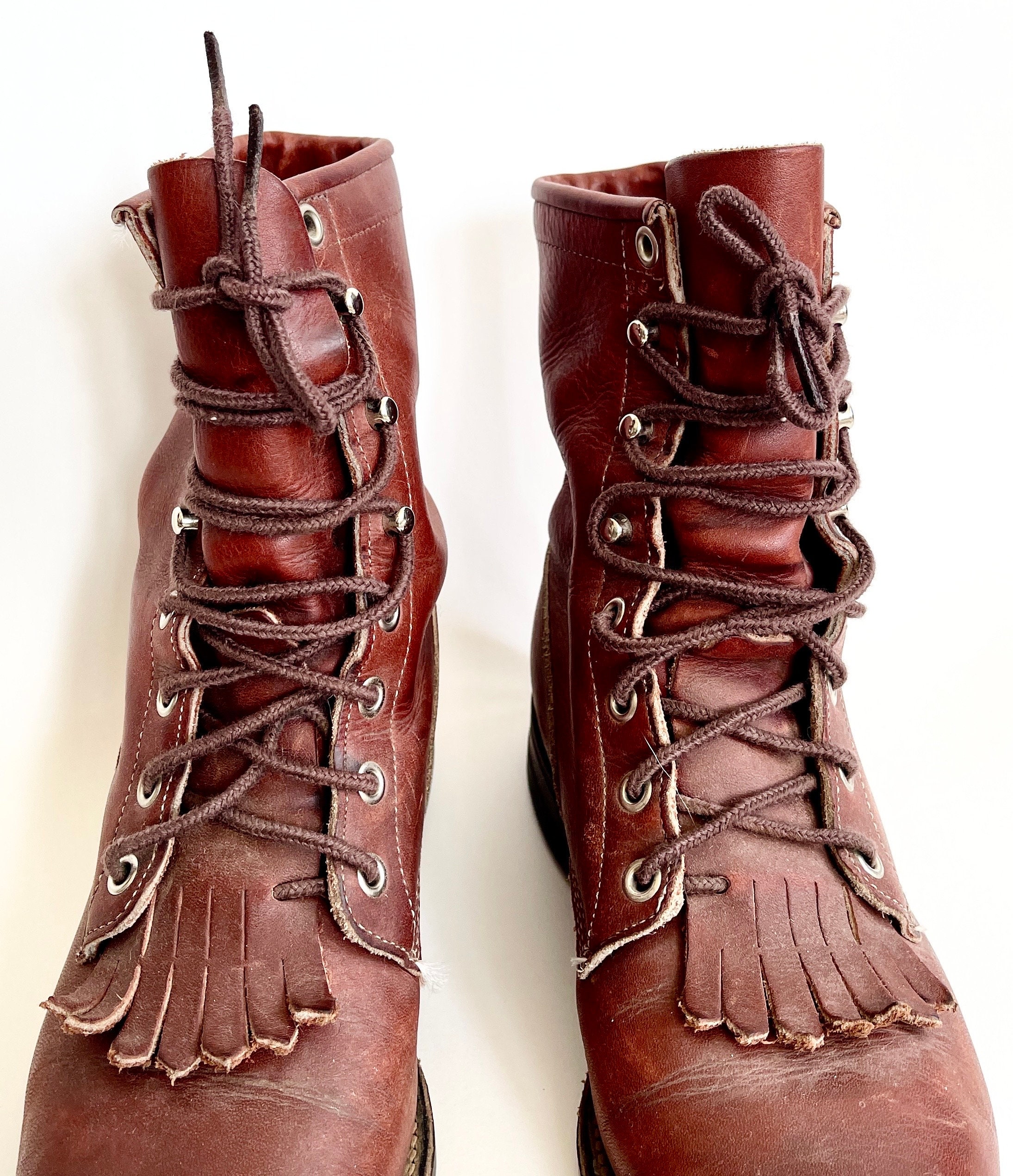 Justin Leather Riding Boots Fringe Detail Vintage 80s Lace Up Red Wine Oxblood Leather Western Prairie Cowboy Cowgirl Boots 6.5