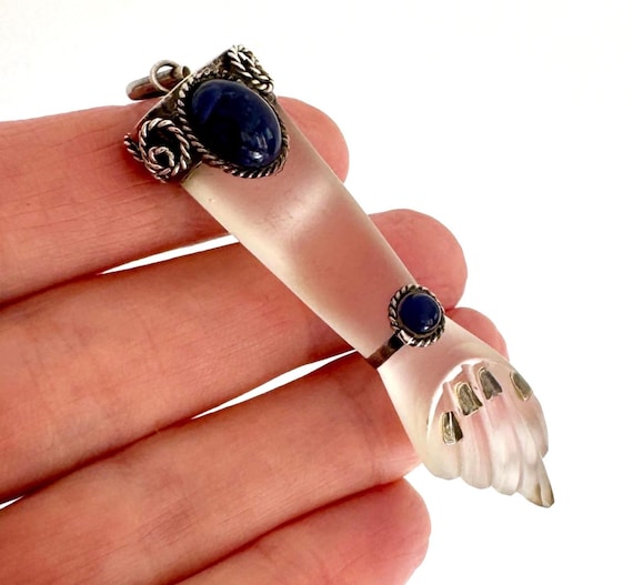 Large Vintage Figa Pendant 900 Silver Clear Crystal Lapis Lazuli Good Luck Charm