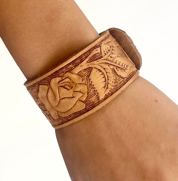 Floral Tooled Leather Bracelet Cuff Flower Rose Tooled Leather Handmade Upcyled from Vintage Leather Belt Boho Western