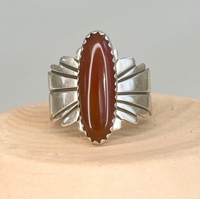 Signed Navajo Carnelian Cigar Band Ring Vintage Native American