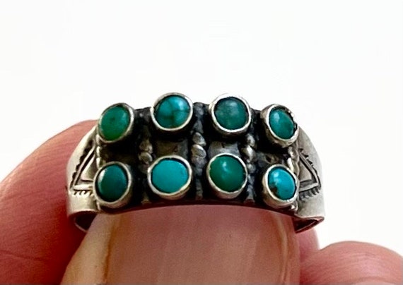 Double Row Turquoise Ring Band Fred Harvey Antique 30s 40s Native American Navajo Two Row Snake Eye Turquoise Sterling Silver Size 7.75