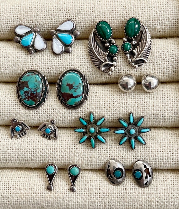 Native American Stud Earrings Sterling Silver Studs Turquoise MOP Onyx Malachite Thunderbird Peyote Bird Oval Navajo