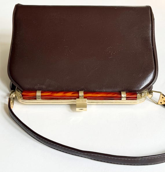 Minimalist Brown Calf Leather Purse Bag Smooth Dark Chocolate Brown Vintage Mid Century 50s 60s Butterscotch Rod Accent Gold Hardware Clasp