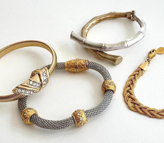 Vintage Gold Tone Bracelet Costume Jewelry Napier Trifari Two Tone Gold Silver Diamanté Stretchy Hinged Bamboo Metal Mesh