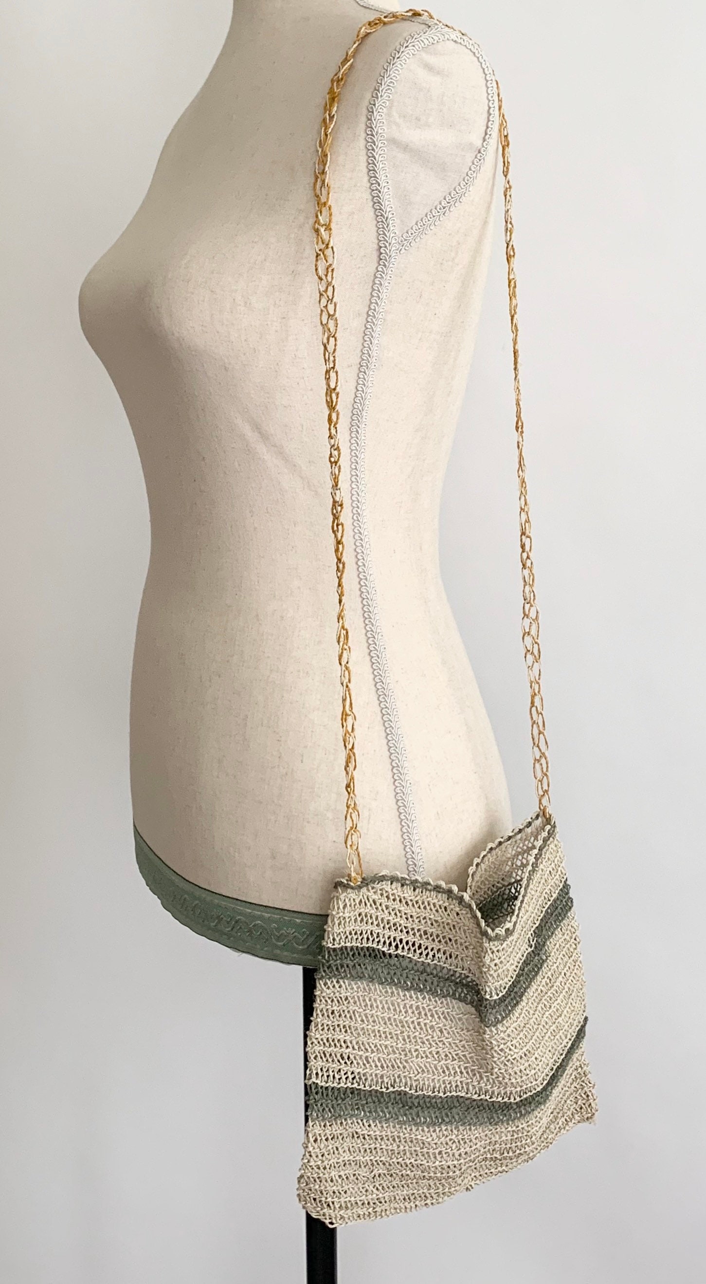 Boho Open Weave Bag Purse Vintage Open Knit Striped Natural White Beige