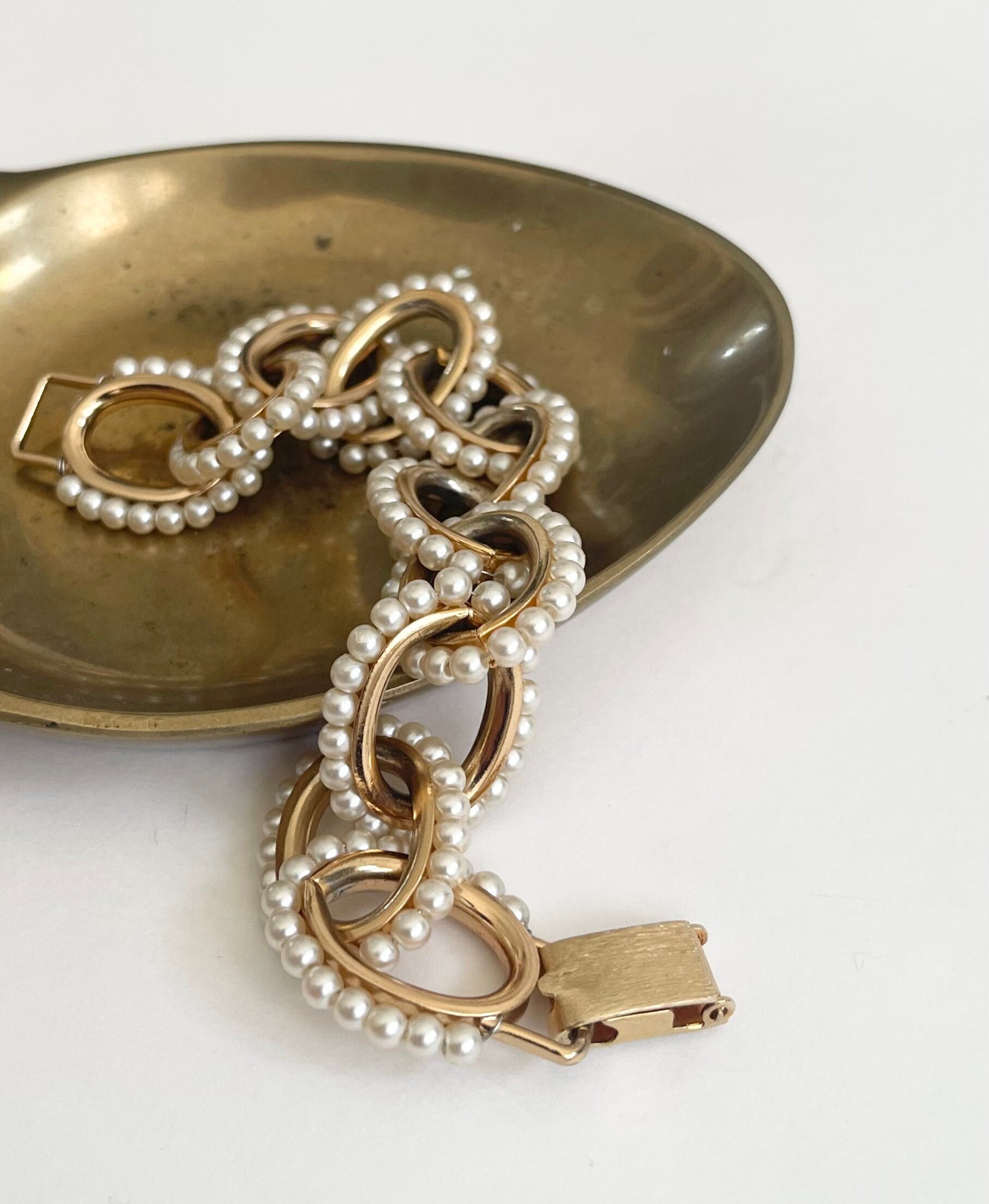 Pearl Gold Link Bracelet Vintage 80s Napier Gold Tone Chain Metal Link