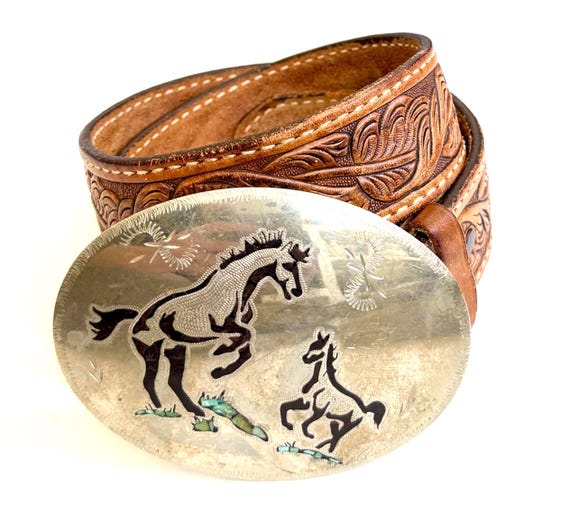 Signed Vintage Western Silver Turquoise Inlay Horse Buckle Tan Brown Floral Tooled Leather Belt Strap