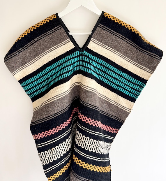 Vintage Mexican Handwoven Poncho: 70s Hippie Tribal Cover Up