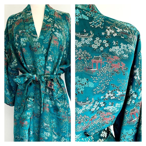 Mid Century Silk Robe Kimono Wrap Vintage 50s Deep Turquoise Teal Blue Cheongasm Floral Woven Fabric Long Dramatic Floor Length