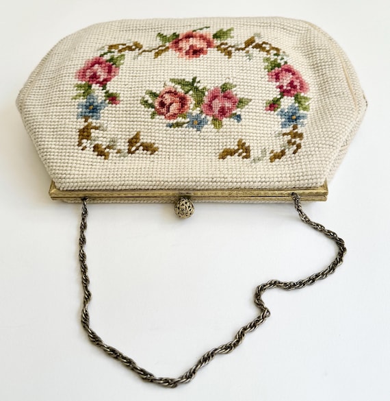 Maud Hundley Needlepoint Bag Purse Floral Rose Victorian Style Gold Tone Frame Chain Strap Natural White Pastel Flowers