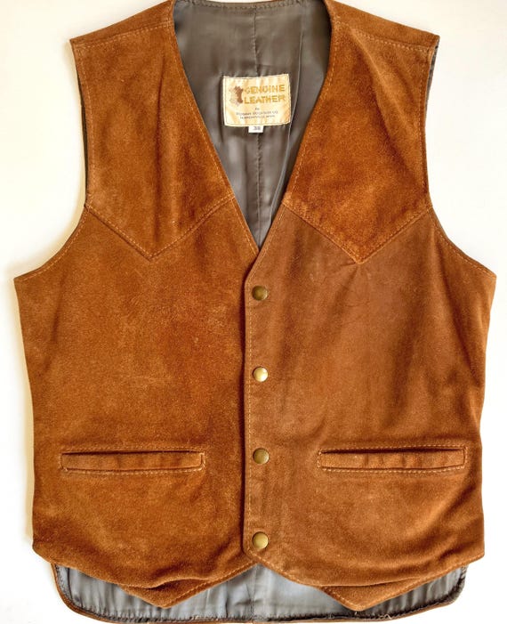 Vintage Western Suede Vest Berman Buckskin Co Minneapolis 60s 70s Tan Brown Sueded Leather Mens Womens Cowboy Vest