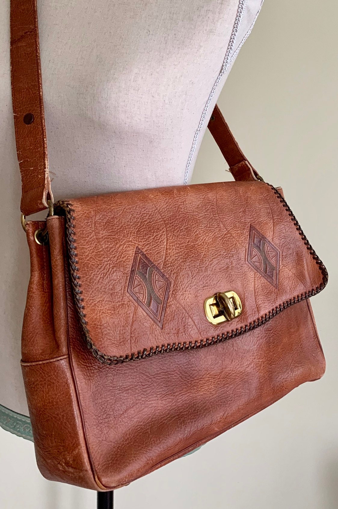 RESERVED Tooled Leather Messenger Bag Purse Handbag Vintage 70s Meeker