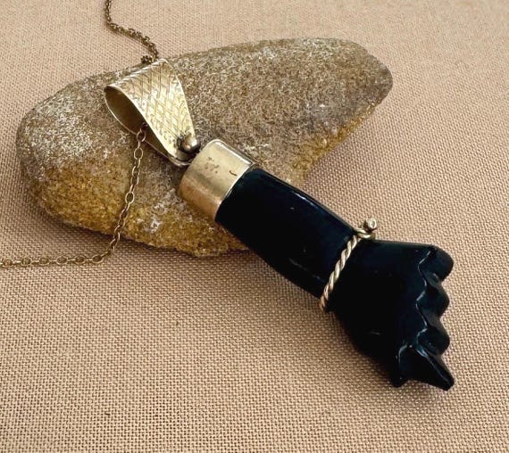 14k Gold Figa Pendant Necklace Vintage Antique Heirloom Victorian Carved Black Onyx Obsidian Hand Fist Mano Fica Good Luck Charm Amulet