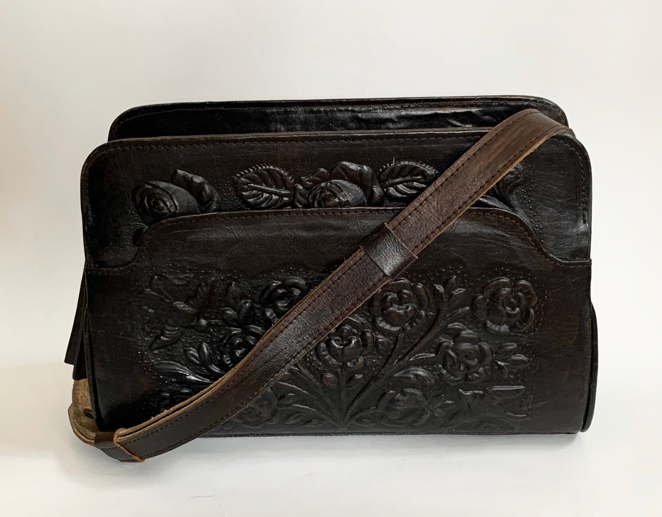 Black Tooled Leather Purse Handbag Vintage 60s 70s Hand Tooled Floral ...
