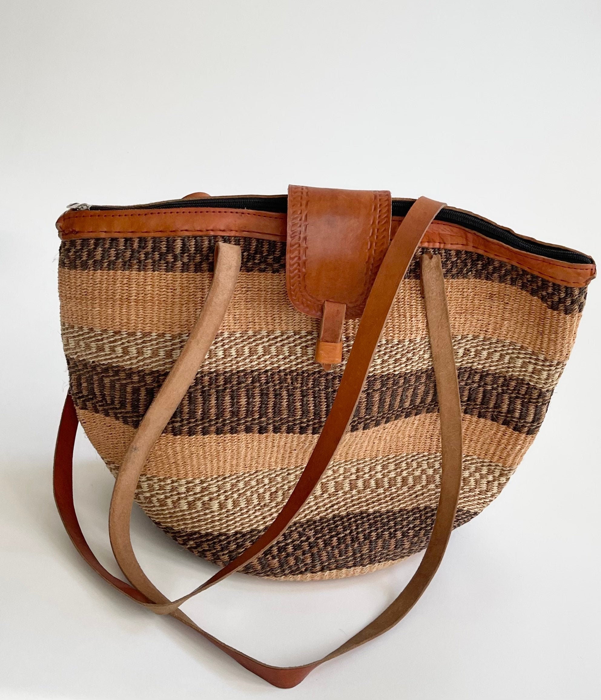 Large Sisal Market Bag Leather Trim and Straps Vintage Woven Brown ...