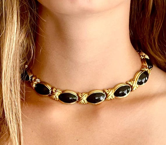 Chunky Gold Link Necklace Choker Vintage 80s 90s Gold Tone Black Enamel X Link Chain Minimalist Costume Jewelry