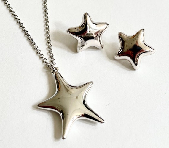 Monet Star Earrings Necklace Jewelry Set Vintage 80s Silver Tone Costume Jewelry Star Astrological