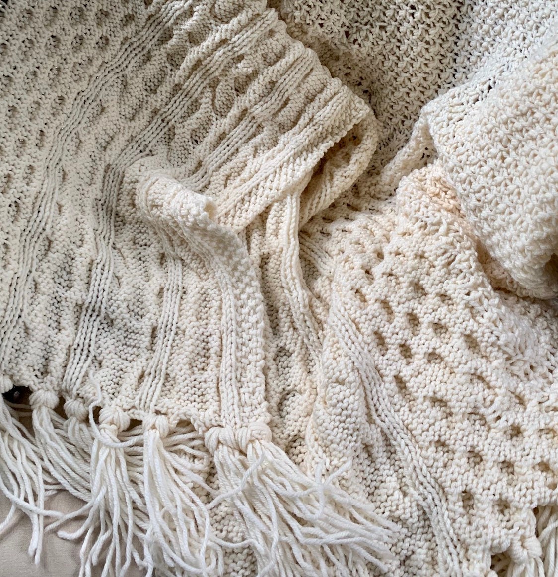 Hand Knit Throw White Natural White Cream Ivory Handmade Vintage Cable