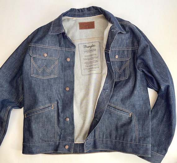 Lucchese x Wrangler Denim Jacket Mens White Oak Cone Denim Sawtooth Western Stitching Logo Embossed Buttons Leather Patch Size L XL