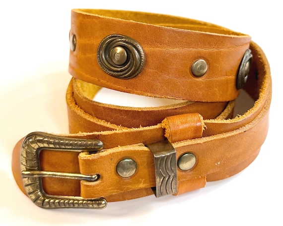 Handmade Western Concho Stud Belt Soft Tan Brown Leather Strap