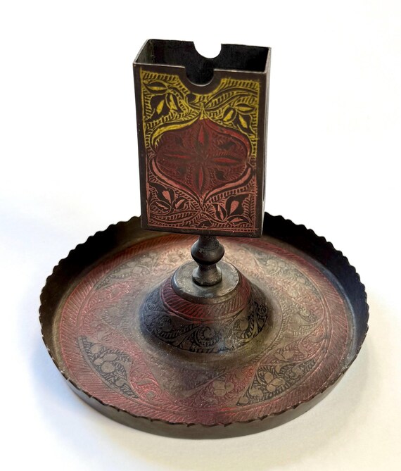 Old Indian Brass Bowl Incense Burner Holder Vintage Painted Floral Flowers Etched Pedestal Dish Made in India Very Aged Patina