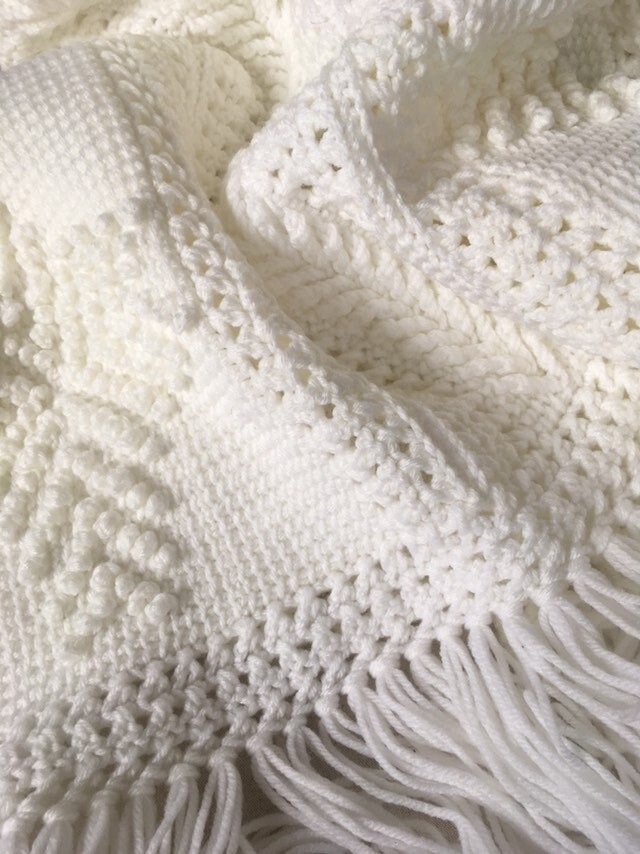 Hand Knit Sweater Blanket Winter White Throw Afghan Vintage Handmade