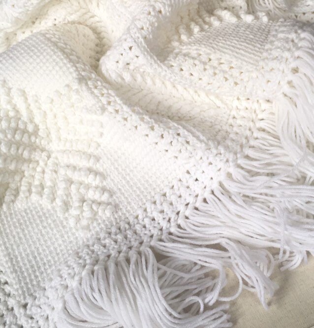 Hand Knit Sweater Blanket Winter White Throw Afghan Vintage Handmade