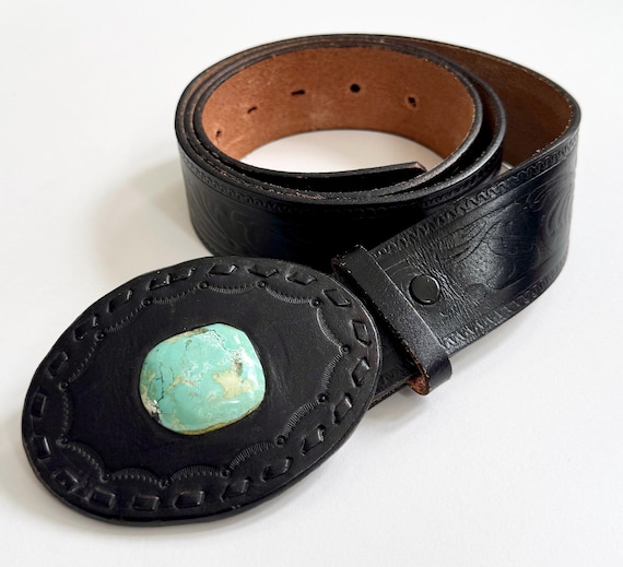 Vintage Western Turquoise and Black Floral Tooled Leather Belt