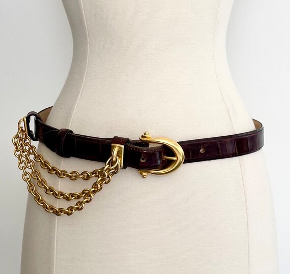 RJ Graziano Chain Belt Vintage 80s Gold Tone Multi Chain Accent Croco Embossed Dark Brown Leather