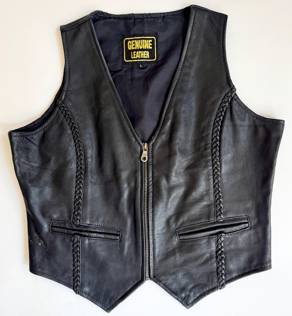 Vintage Black Leather Vest 80s 90s Cropped Style Zip Front Genuine Leather Womens Vest Jacket Biker Motorcycle Rock and Roll Moto