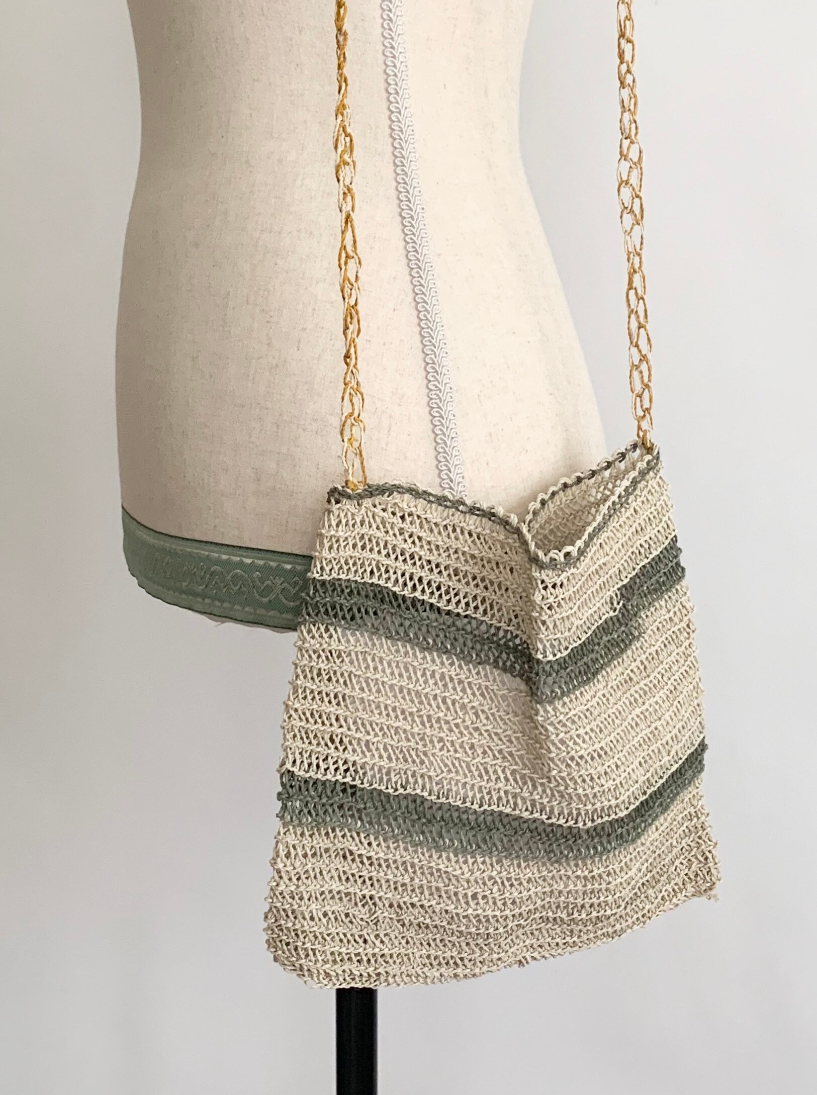Boho Open Weave Bag Purse Vintage Open Knit Striped Natural White Beige