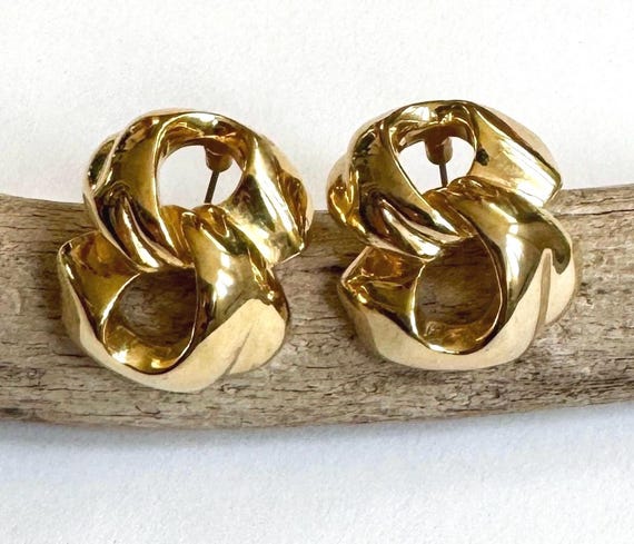 Signed Givenchy Gold Earrings Chunky Link Style Vintage 80s Gold Tone Face Designer Costume Jewelry