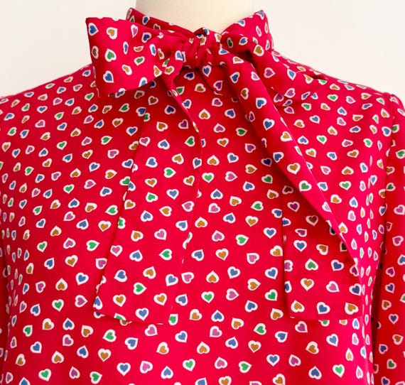 Red Heart Print Blouse Top Vintage Pussy Cat Bow Tie Neck
