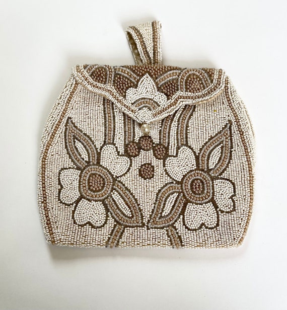 Antique Beaded Finger Purse Bag Wedding Bridal Heirloom Purse Something Old Handmade Ivory Pearl Gold Floral Beadwork