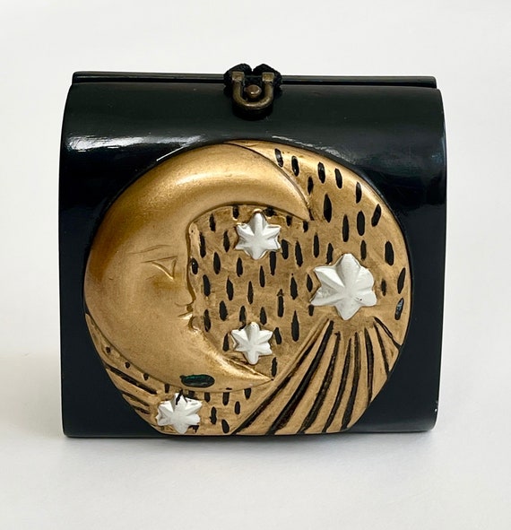 Timmy Woods Moon Purse Wooden Box Bag Beverly Hills Collection Black Wood Gold Moon Silver Stars Handmade in Philippines Celestial Design