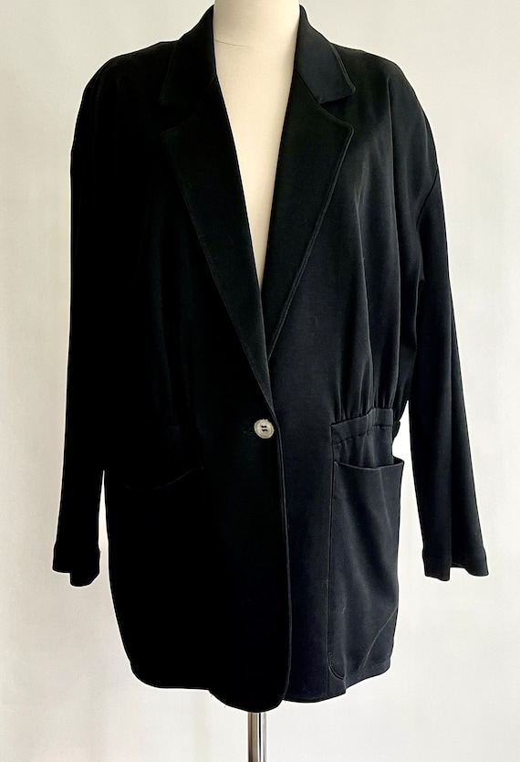 80s Donna Karen Black Jacket Blazer Vintage Drapey Oversized Fit Shoulder Pads Solid Black Knit S M