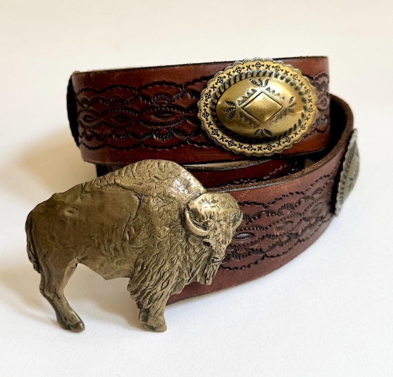 Solid Brass Buffalo Buckle Belt Vintage Tooled Leather Strap Navajo Style Brass Concho Belt Western Ranch Bison Cowboy Belt