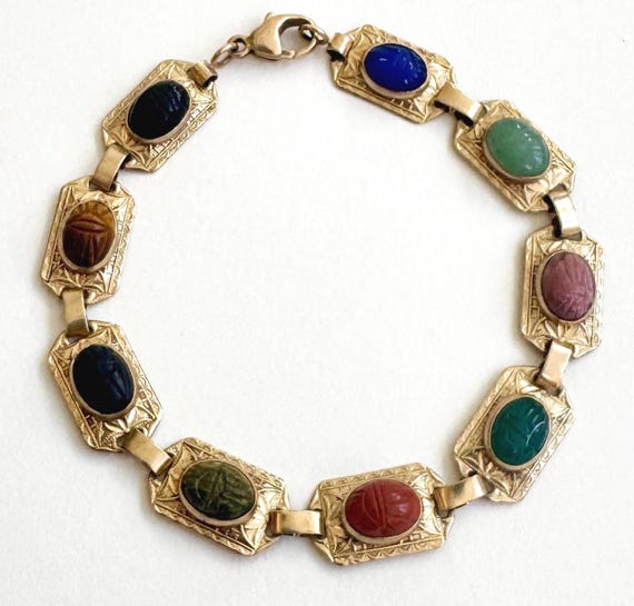 Solid 10K Gold Scarab Link Bracelet Delicate Dainty Vintage Antique Egyptian Revival Semiprecious Carved Stone Beetles