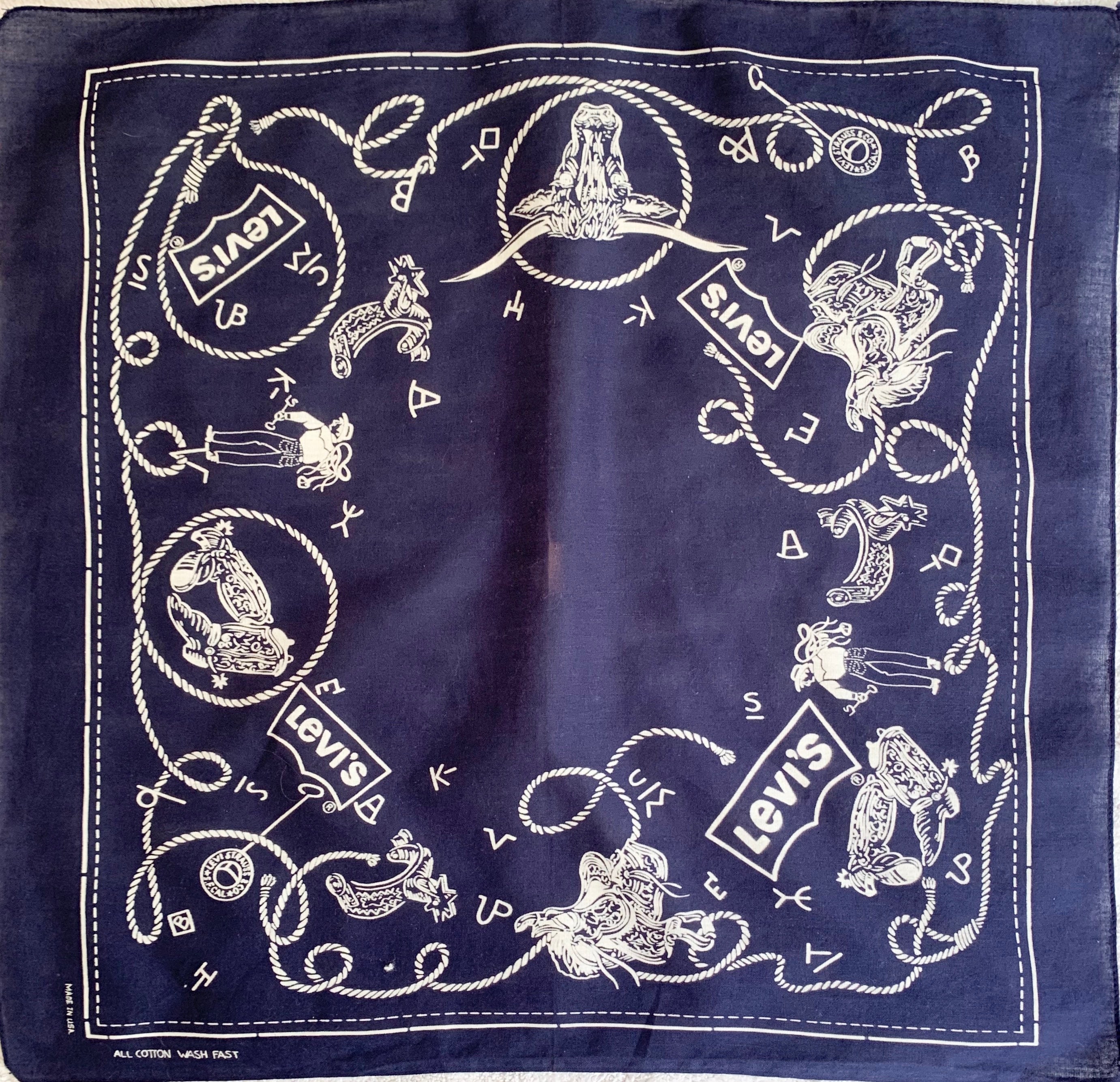 Collectible Levi's Bandana Indigo Blue Vintage Cowboy Lasso Ranch Saddle Logo Print Scarf with Selvedge Edge Rare Color Collectible Levi's Bandana Indigo Blue Vintage Cowboy Lasso Ranch Saddle Logo Print Scarf with Selvedge Edge Rare Color