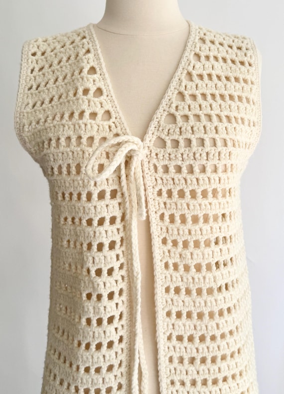 Vintage Crochet Tunic Vest Tie Front Hand Knit Cream White Handmade Vintage Folk Peasant Hippie Boho Bohemian Festival Style